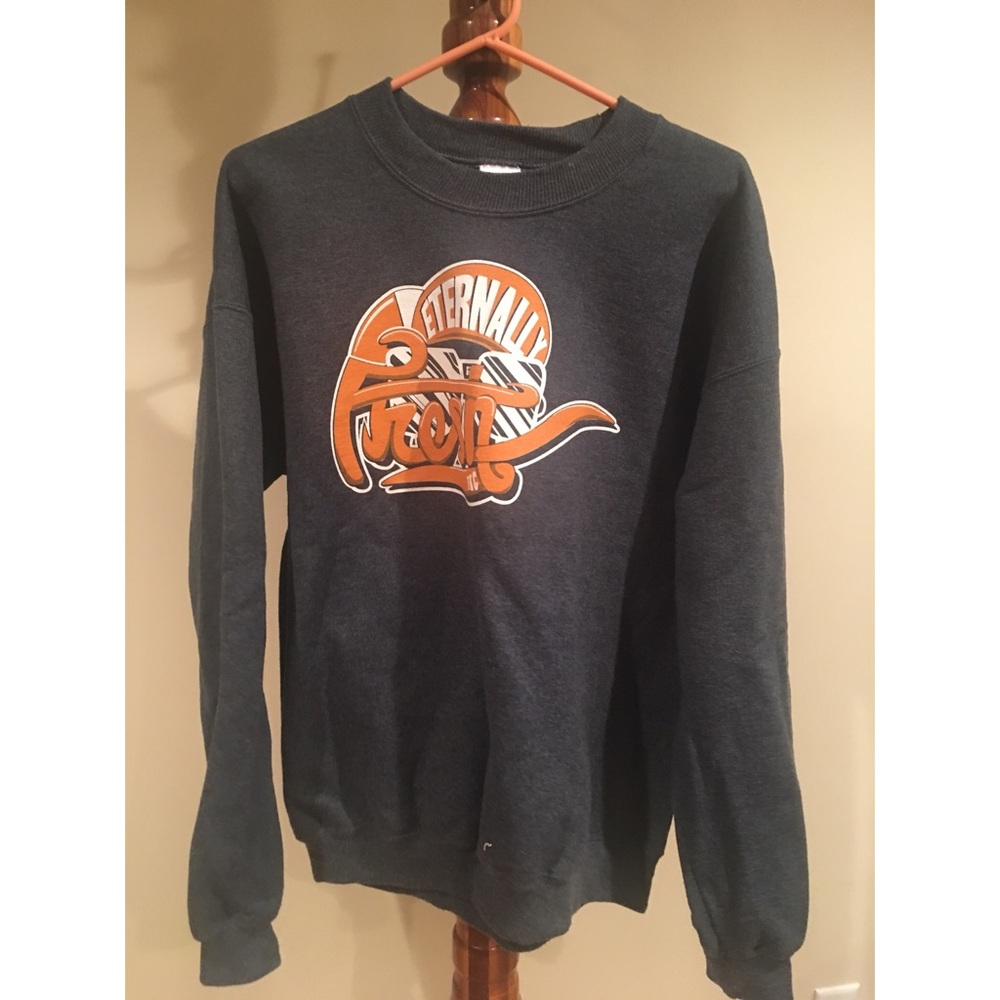 A dark gray crew neck sweatshirt